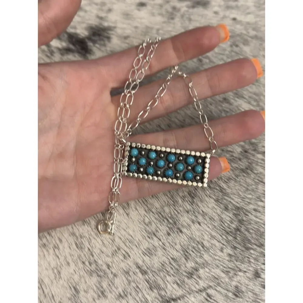 Native Navajo Handmade Sterling Kenny Longjose Kingman Turquoise Bar Necklace - Picture 10 of 10